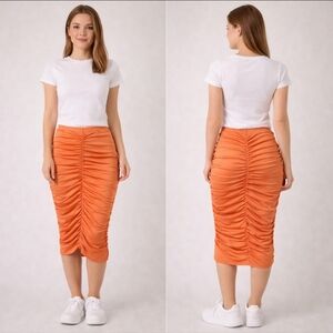 Orange Ruched Bodycon Midi Skirt Adjustable Scrunch Y2K Vacation Club Skirt S